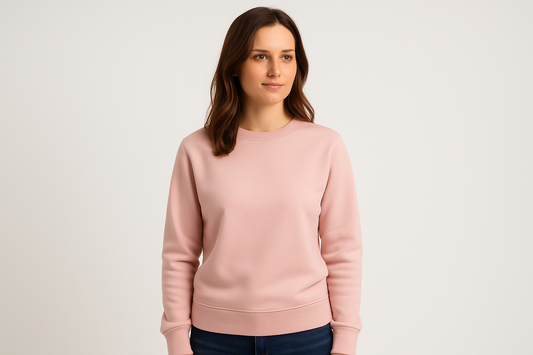 Modelo mujer de 30 años de pelo castaño con Poleron rosado claro sin ningun gorro y sin bolsillos sin estampado y sin cordones, es una foto de estudio con fondo blanco, la fotografia tiene que ser desde las rodillas