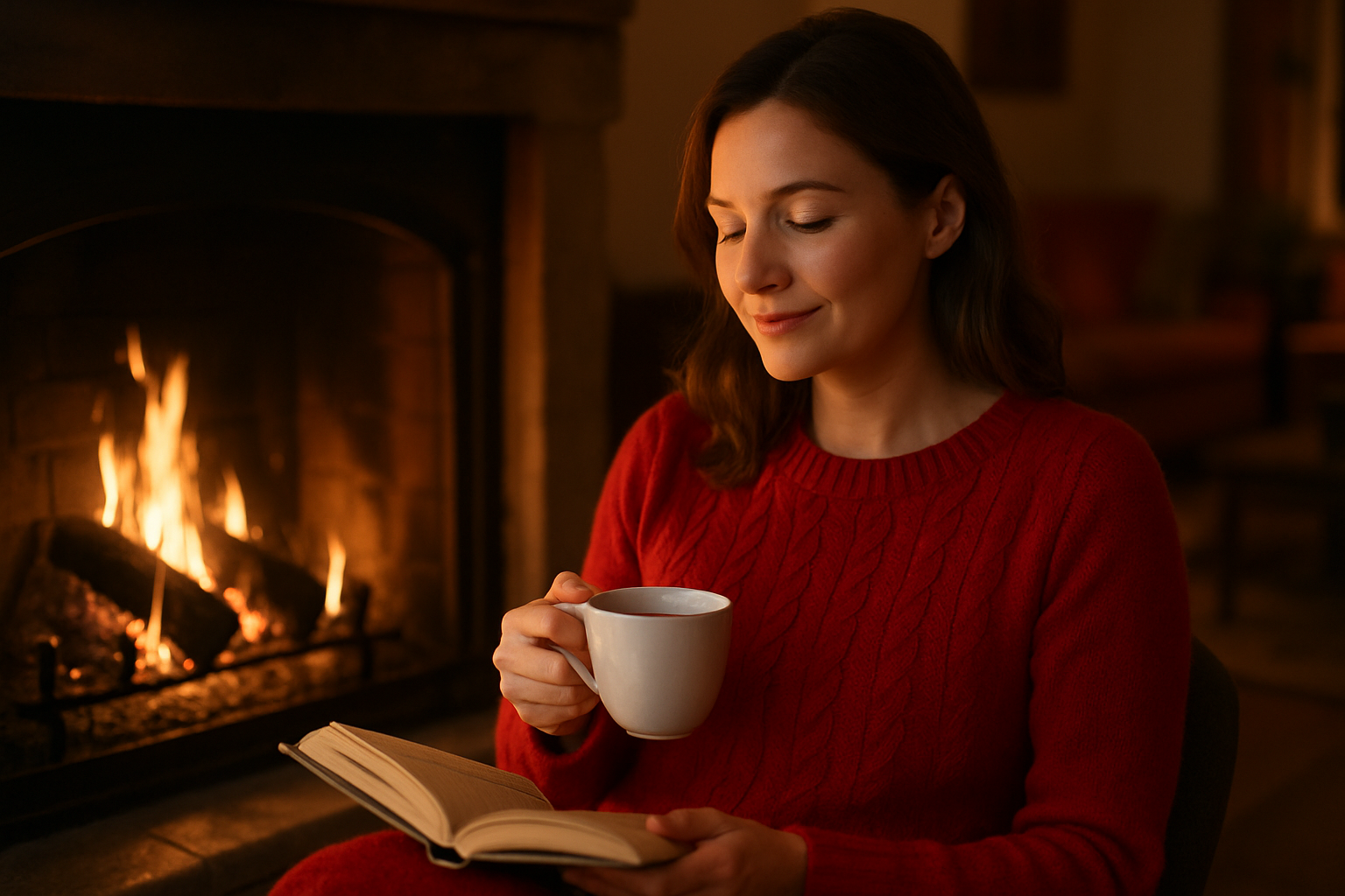 mujer usando poeron rojo sentada cerca de una chimenea