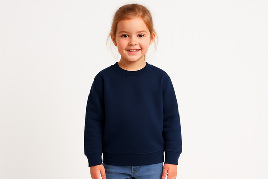 Niña de 5 años con un poleron azul marino sin gorros sin cordones y sin bolsillos con fondo blanco, la imagen es desde las rodillas 