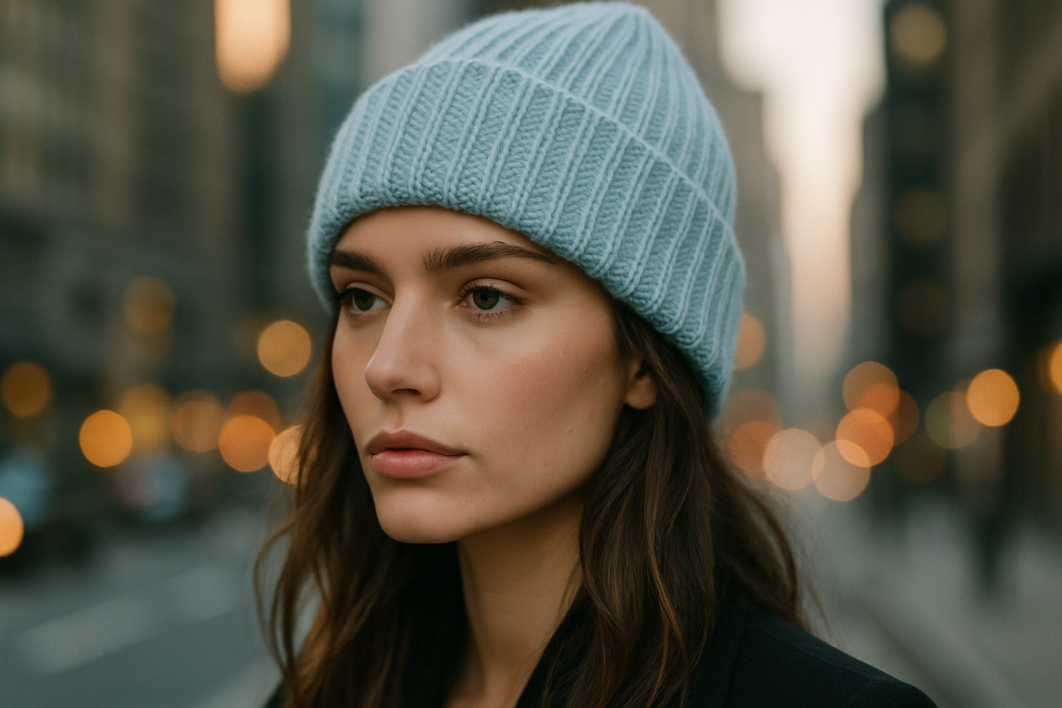una modelo de 27 años en primer plano con un gorro de lana celeste pastel, enfocandose en el gorro con el fondo desenfocado de una cuidad. la fotografia debe ser en estilo editorial